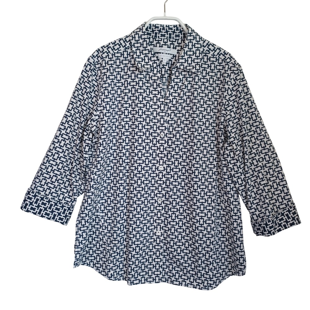 Foxcroft NYC Womens L Black White Geometric Chain Link Non Iron‎ Stretch Shirt